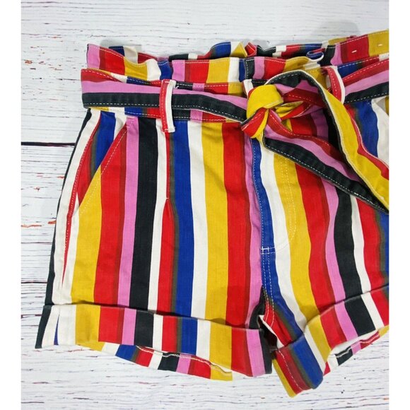 Express Paperbag Waist Jean Shorts Extreme High Rise Striped Y2K Retro Shortie 6 - Picture 3 of 12